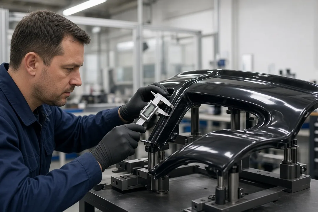 Inspector measuring a gloss black exterior part on a checking fixture