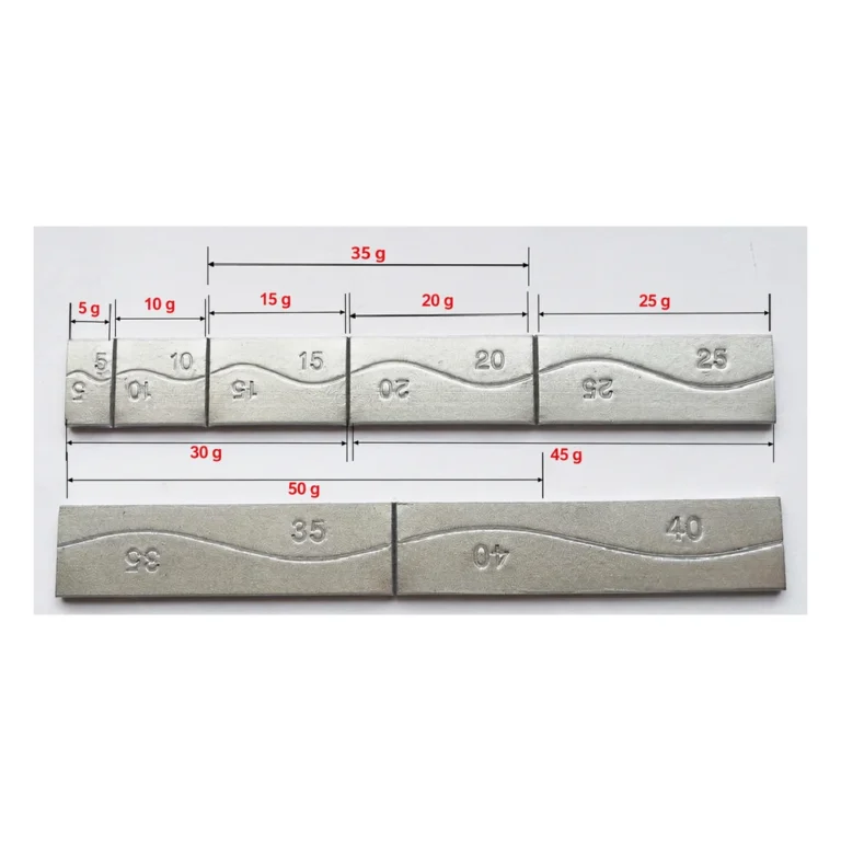Flexible lead adhesive wheel weight strip with 5g, 10g, 15g, 20g and 25g segments and combined weight markings