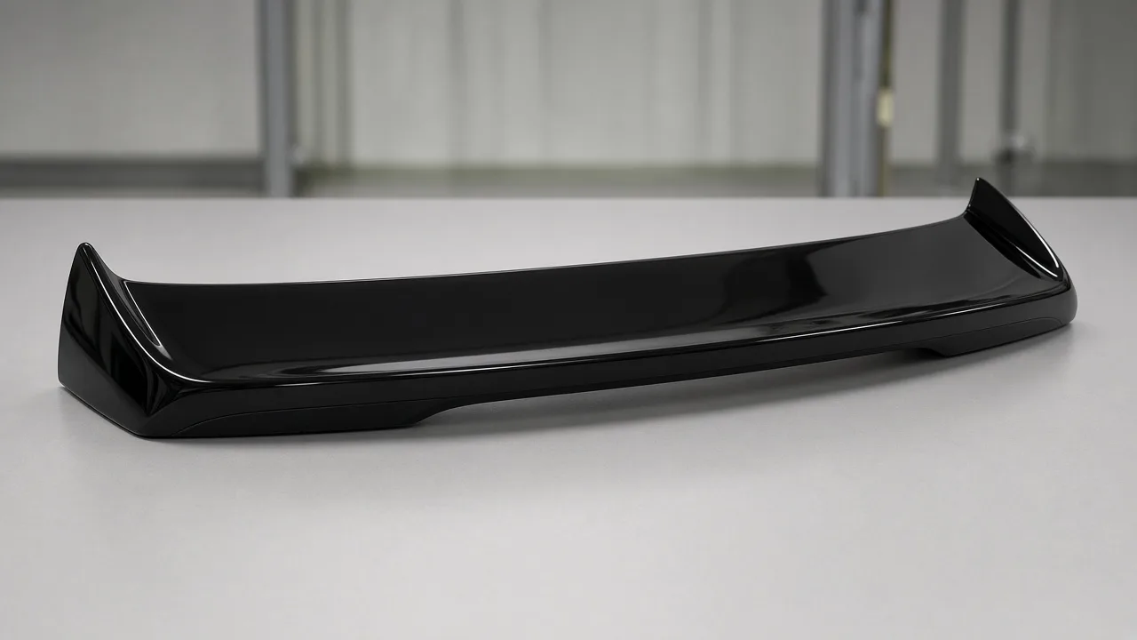 Gloss black injection-molded rear spoiler shown full length on an inspection table