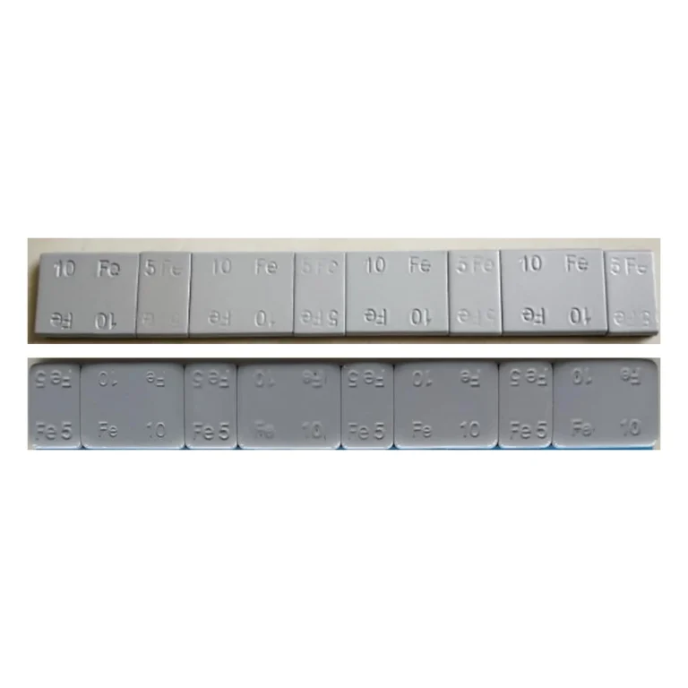 Grey coated steel adhesive wheel weight strips, 5g + 10g x 4, rectangular (top) and rounded corner (bottom) versions
