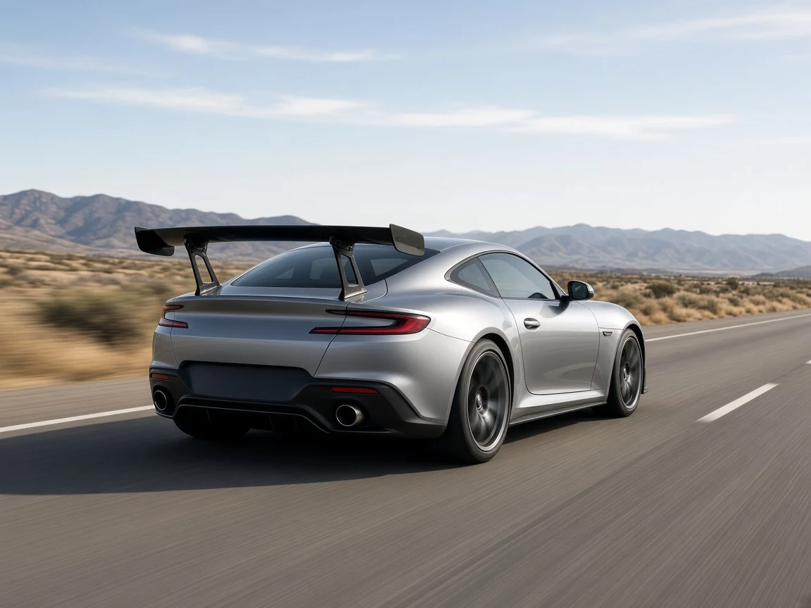 Silver coupe with a raised GT wing on stands driving on an open highway