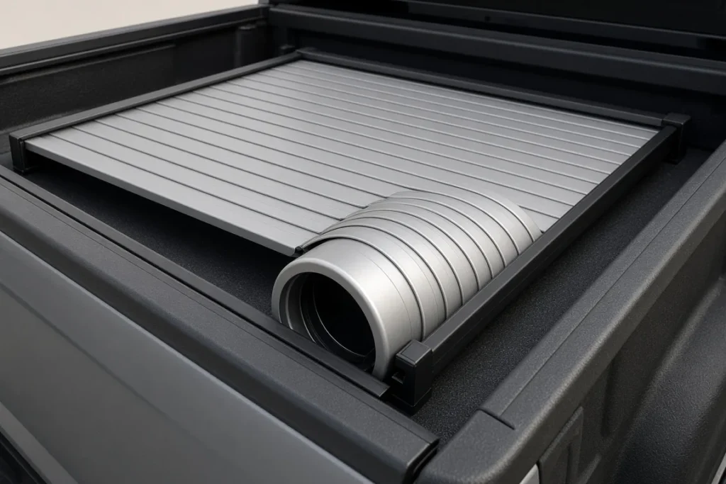 Aluminum slat hard roll-up tonneau cover partly rolled in a pickup bed
