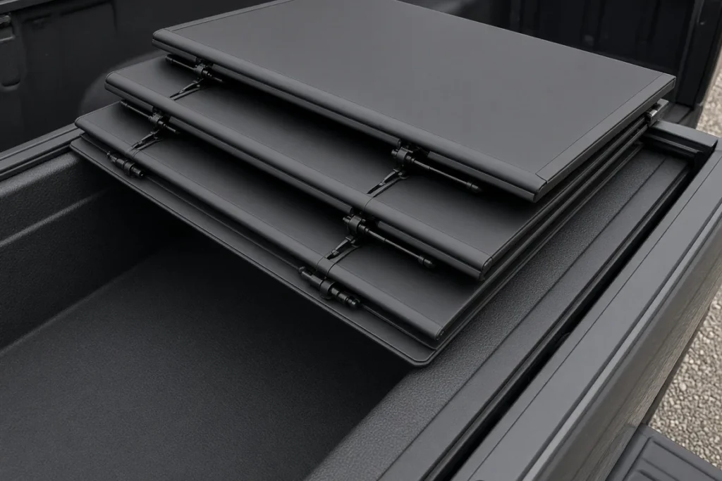 Hard tri-fold tonneau cover panels folded up inside a pickup truck bed