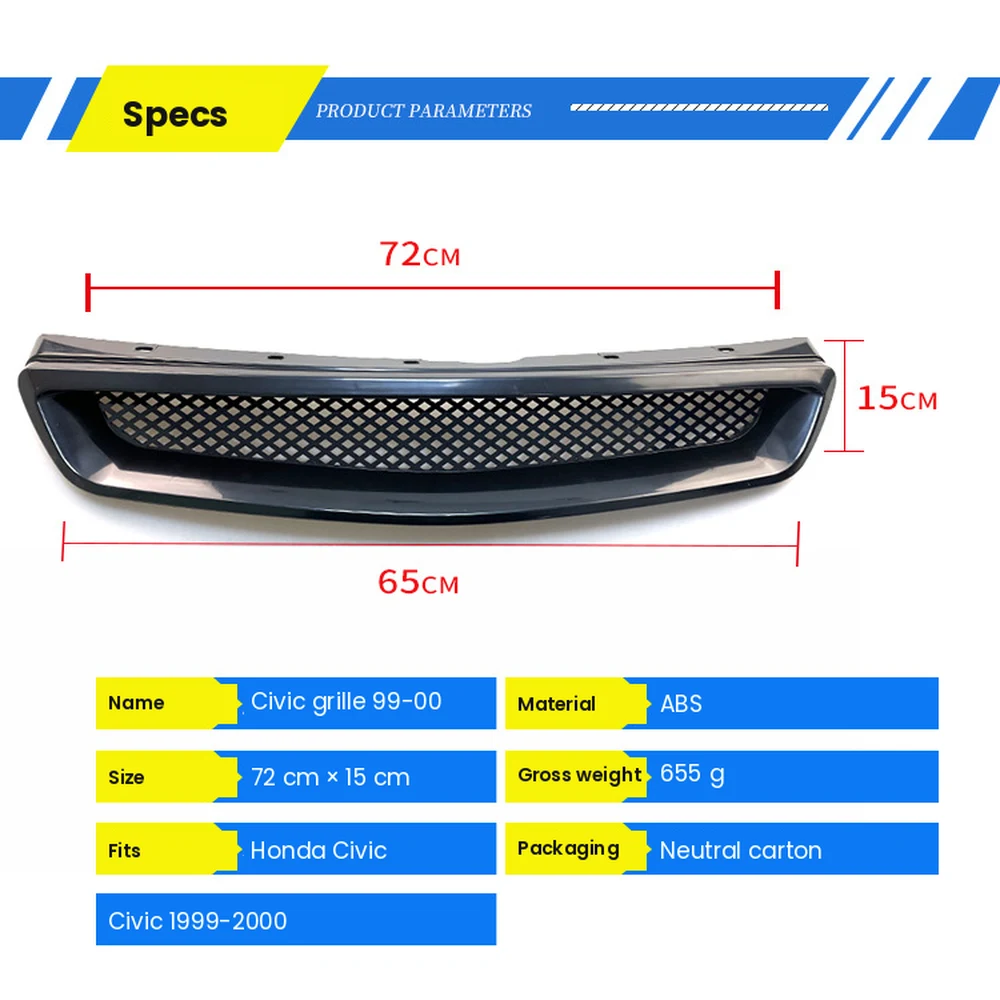 Honda Civic 1999-2000 Mesh Front Grille, ABS 2 Product parameters for Honda Civic 1999-2000 mesh front grille
