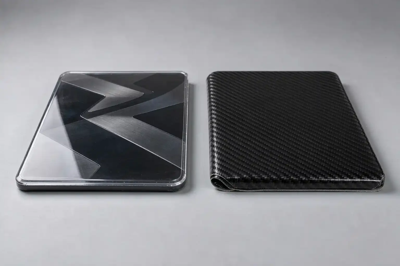 Carbon Fiber Pattern & Hydro Dip Finish for Auto Parts 5 IMD film sample panels: a clear film panel and a carbon pattern wrapped panel