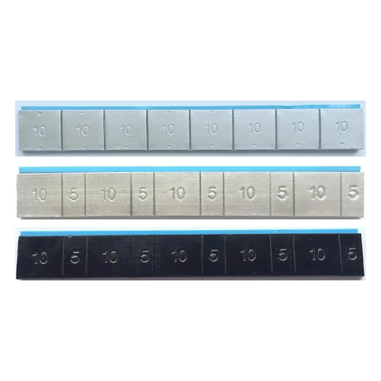 Grey and black coated lead adhesive wheel weight strips with wide-brimmed blue tape