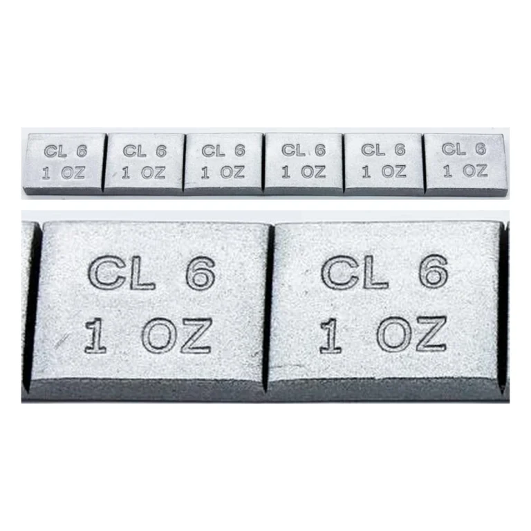 Lead 1 oz x 6 adhesive wheel weight strip and close-up of 1 oz segments