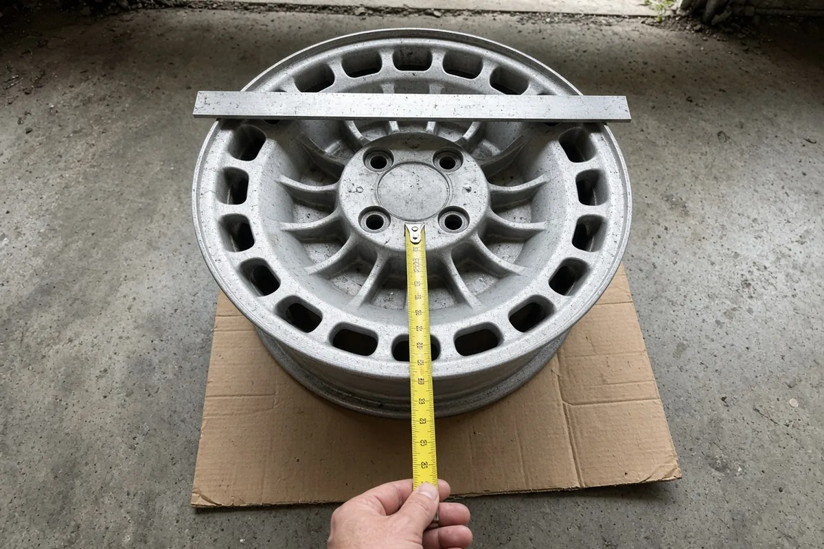 Bare alloy wheel lying on cardboard with a straightedge across the rim and a hand holding a tape measure against it