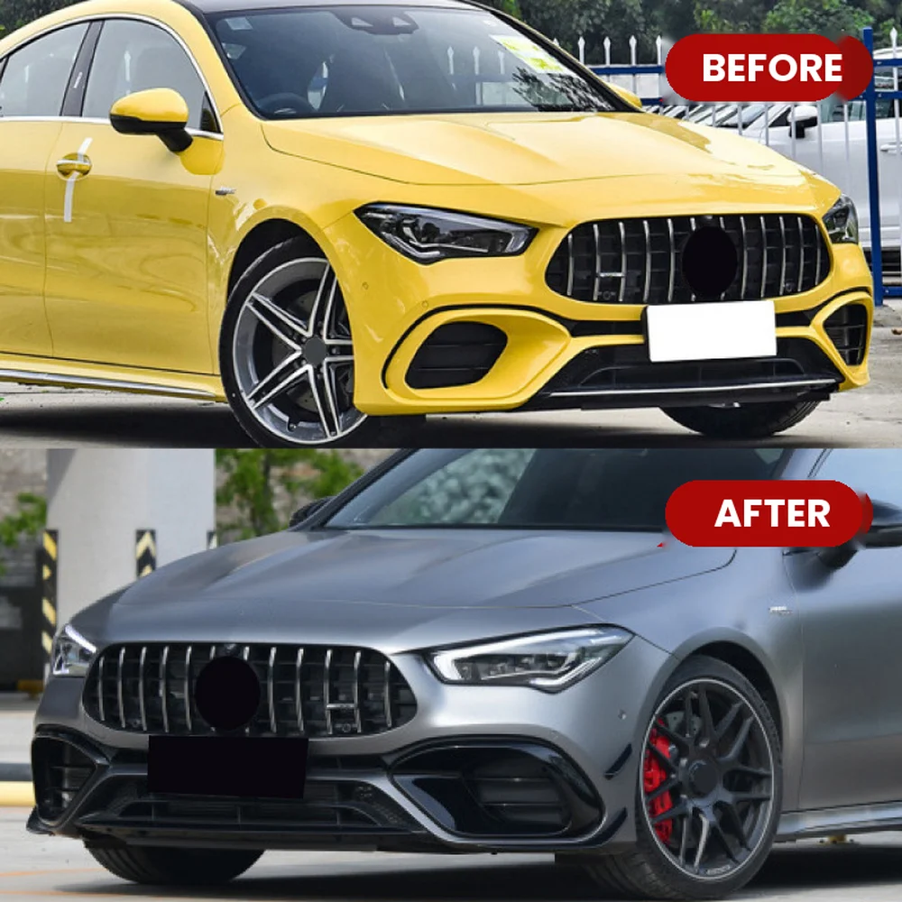 Mercedes CLA C118 Front Canards & Air Vent Trims, Piano Black 1 Mercedes-AMG CLA 45 front bumper before and after installing canards and vent trims