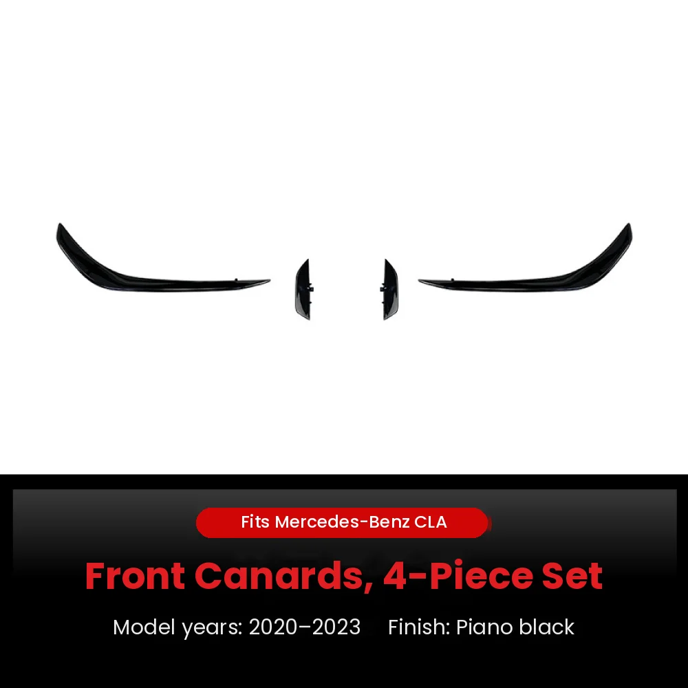 Mercedes CLA C118 Front Canards & Air Vent Trims, Piano Black 3 Mercedes-Benz CLA 2020-2023 front bumper canards, 4-piece set in piano black