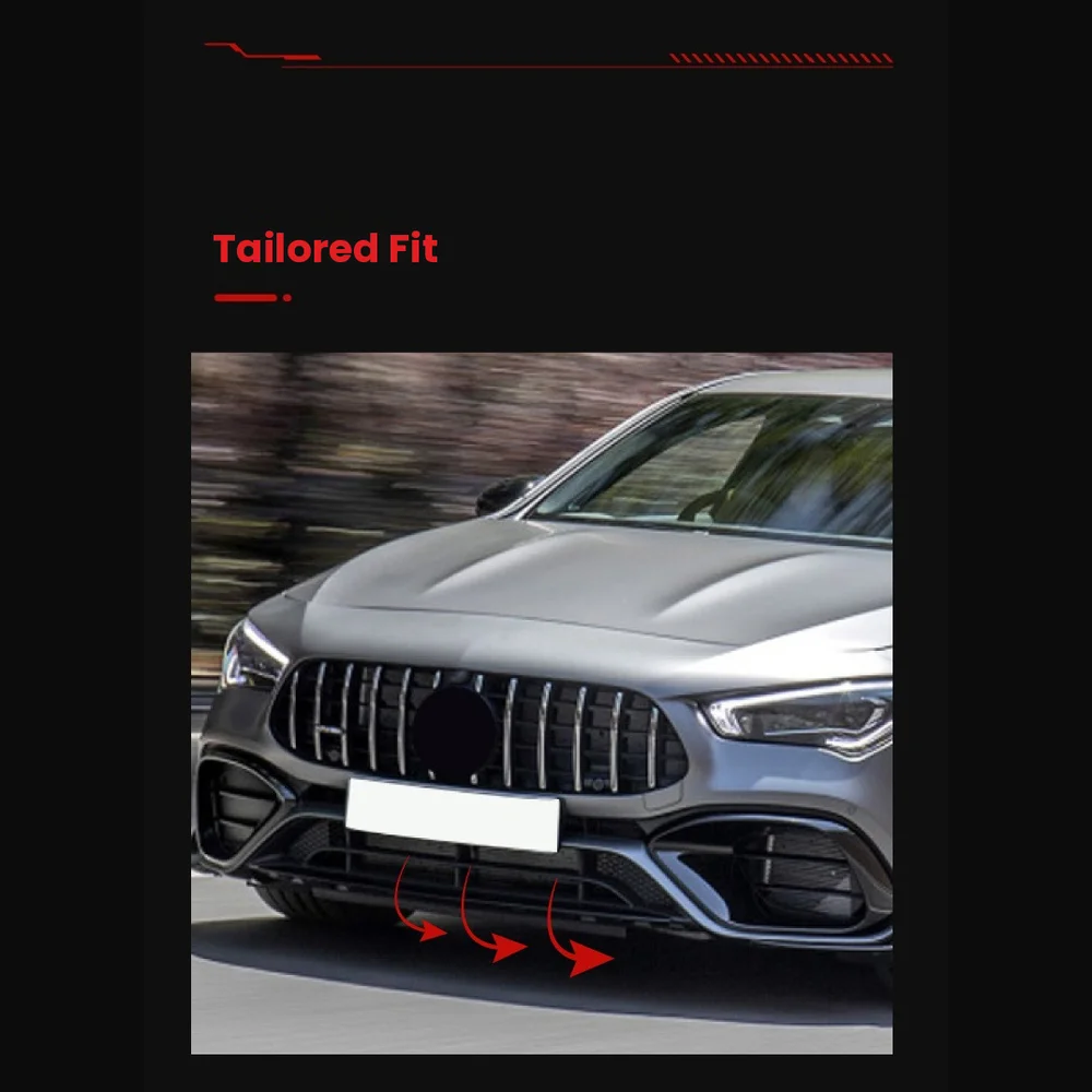 Mercedes CLA C118 Front Canards & Air Vent Trims, Piano Black 5 Tailored-fit front canards installed on Mercedes-AMG CLA 45 front bumper