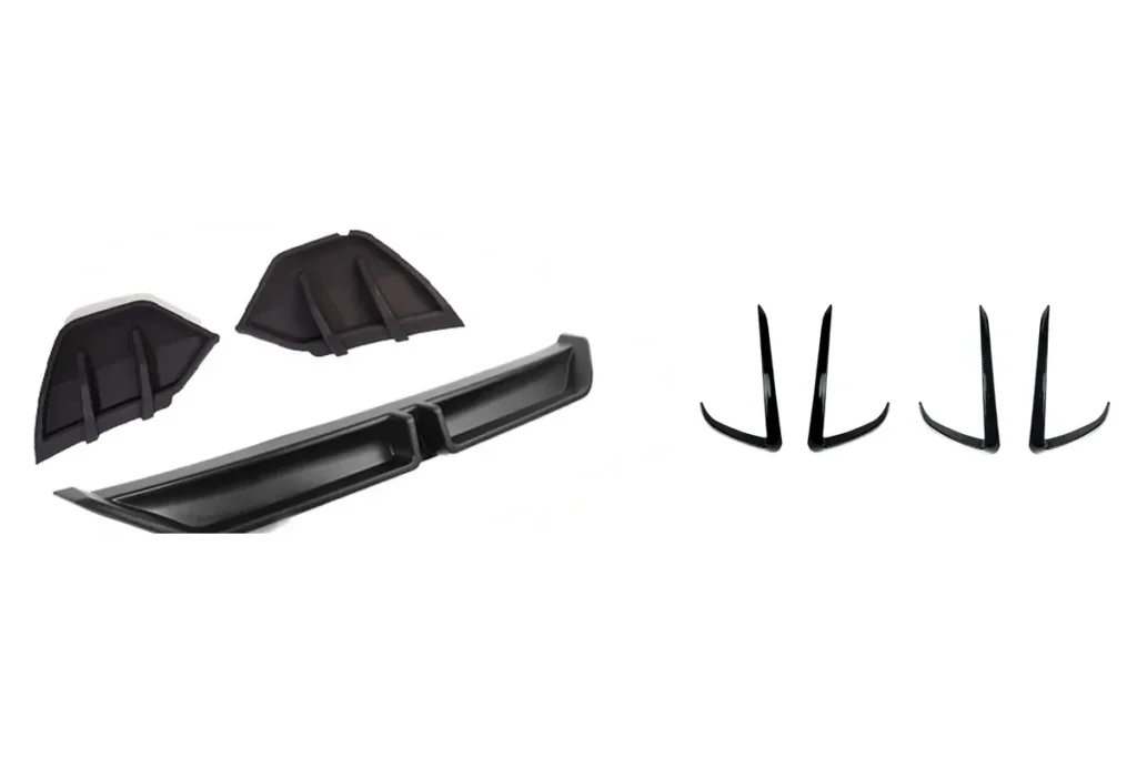 Black plastic rear diffuser with two corner pieces beside two pairs of black front canard trims on a white background