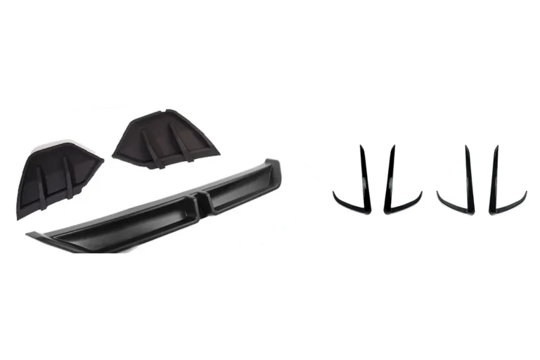 Black plastic rear diffuser with two corner pieces beside two pairs of black front canard trims on a white background