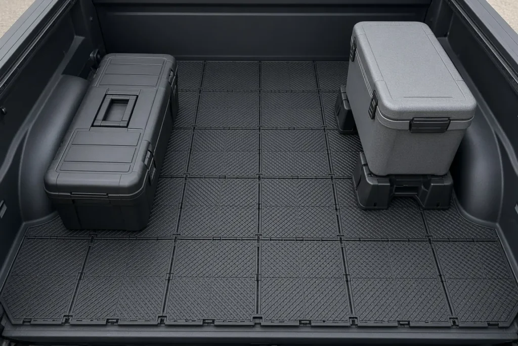 Pickup bed fitted with modular organizer panels holding a toolbox and a cooler