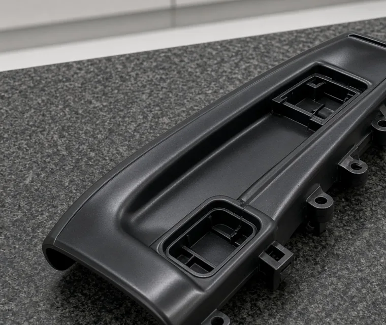 Manufacturing Capabilities 6 Black injection-molded trim trial sample on a granite inspection plate