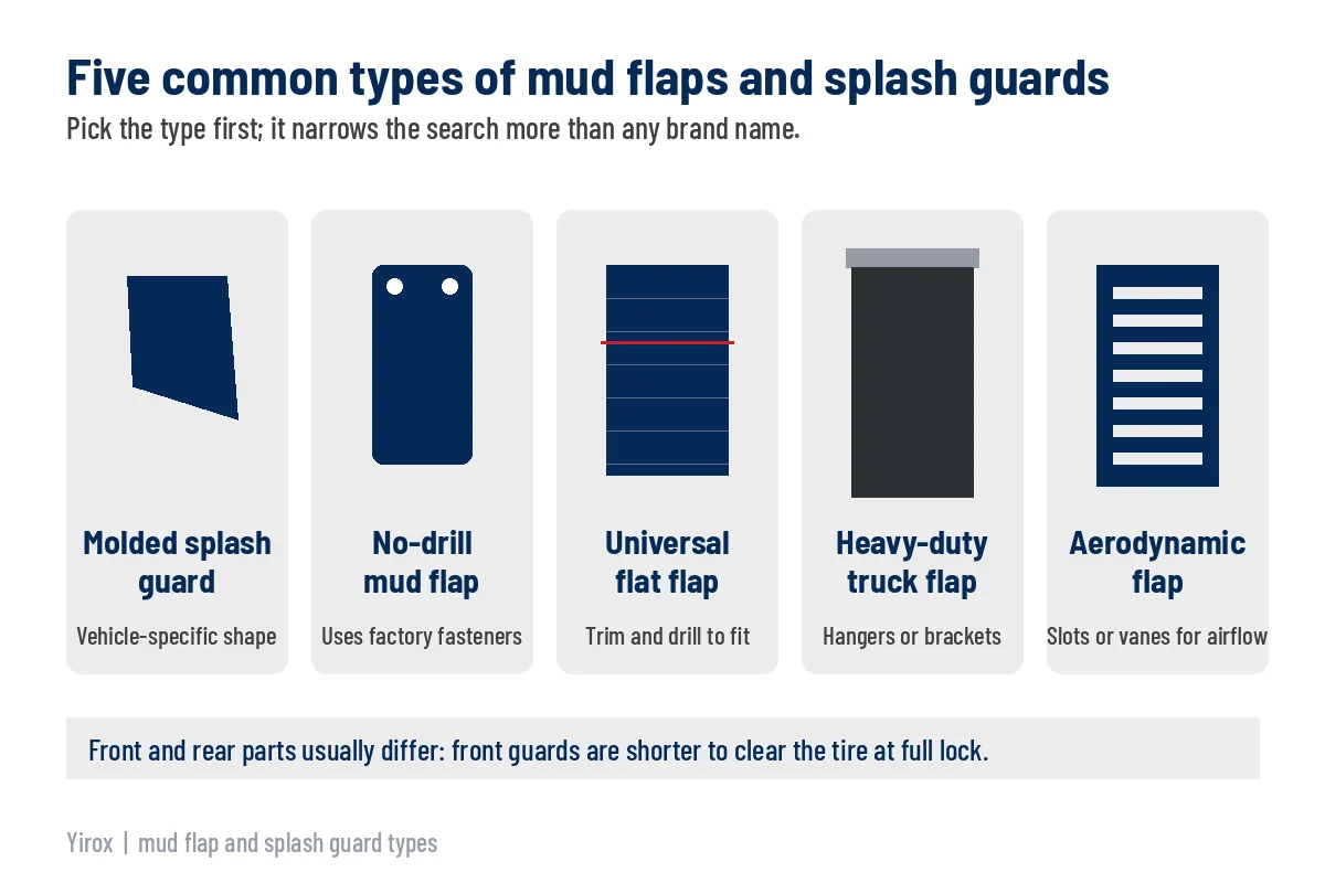 Mud Flaps vs Splash Guards: Types, Materials and How to Choose for Cars, Pickups and EVs 1 Chart of five types: molded splash guard, no-drill mud flap, universal flat flap, heavy-duty truck flap and aerodynamic flap