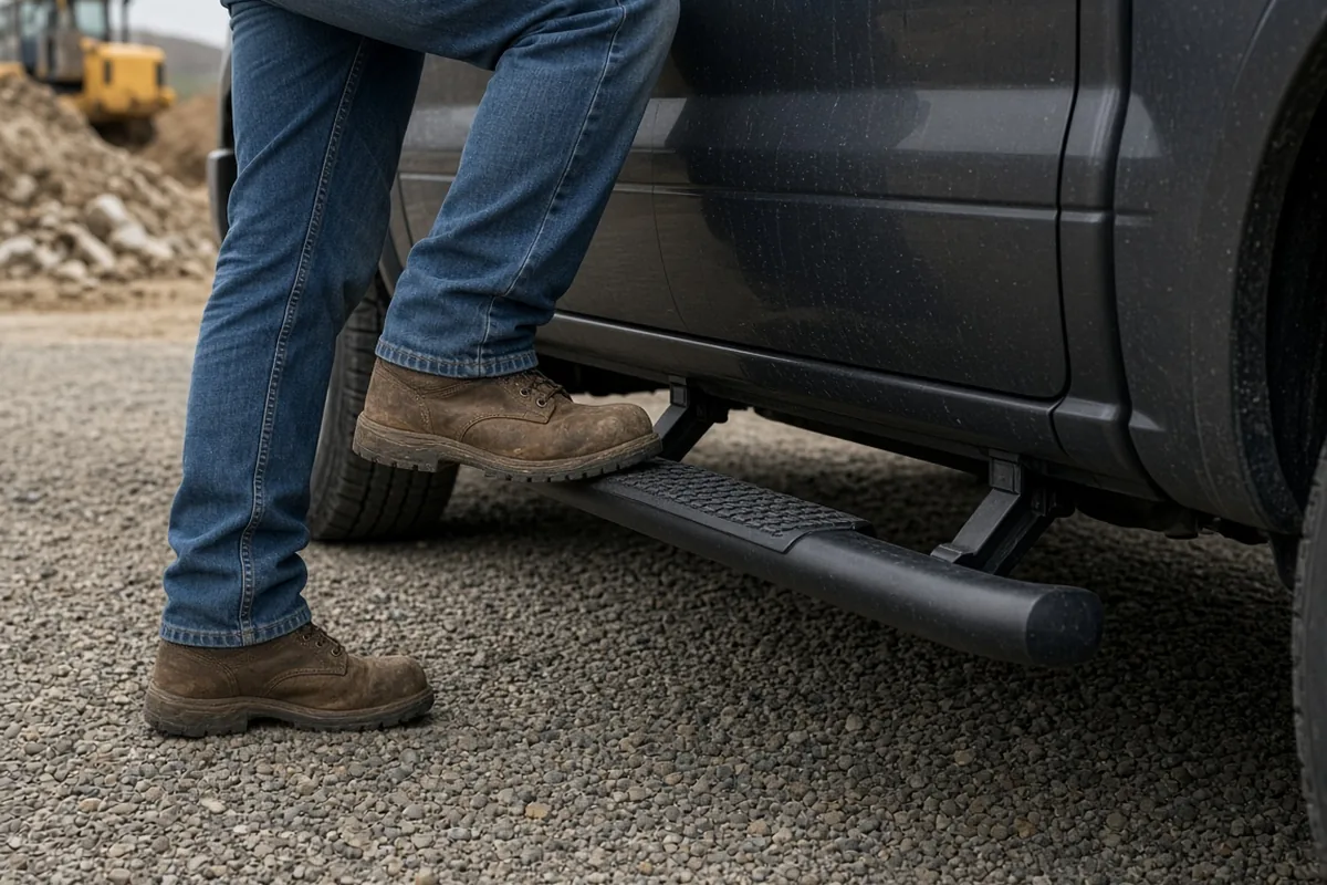 Worker in jeans putting a brown work boot on the step pad of a black tube nerf bar under a dark pickup on gravel, with a construction site behind