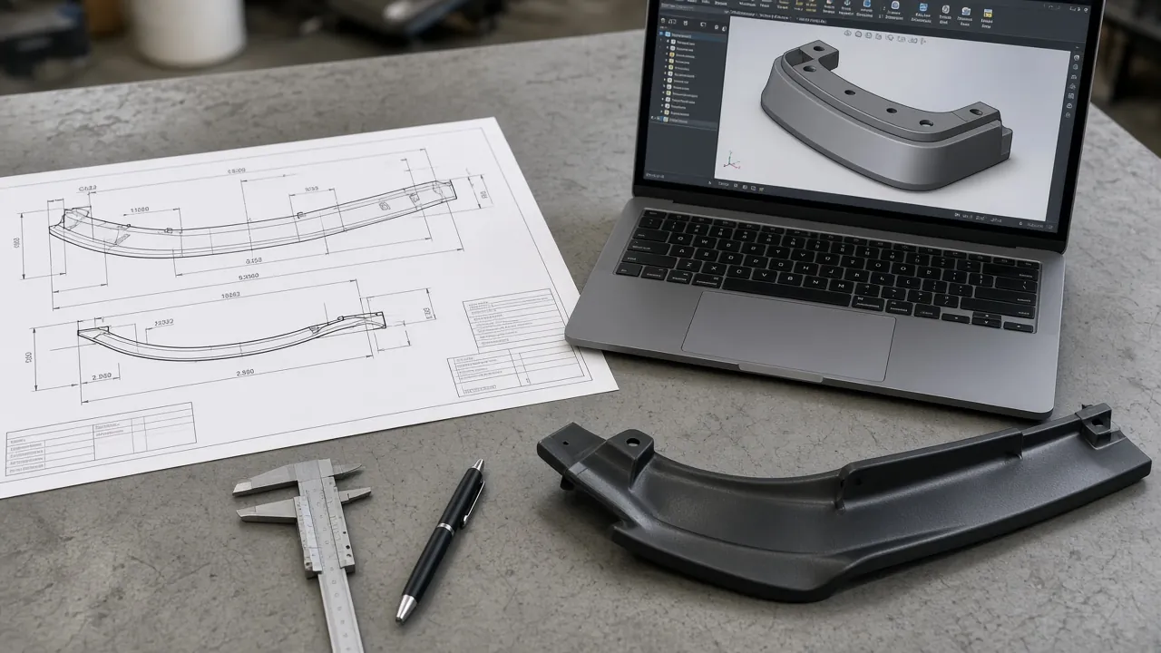 Technical drawing, 3D CAD model on a laptop and a black front lip sample with calipers for a custom part brief