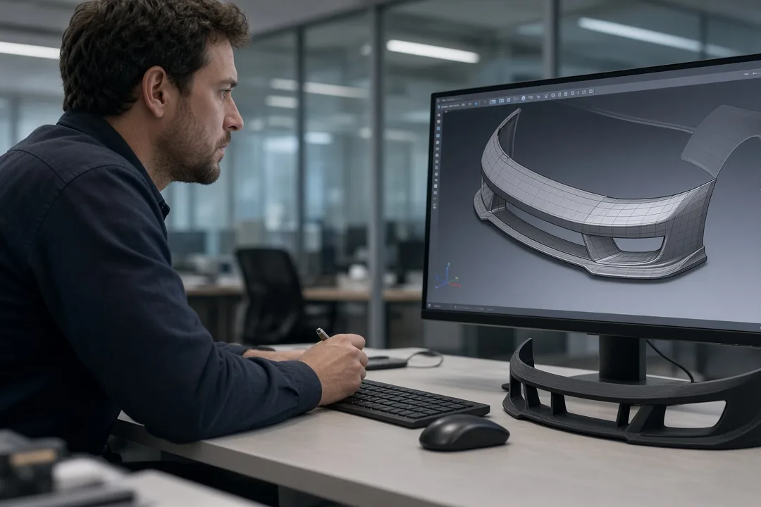 Engineer reviewing a 3D bumper model next to a sample part