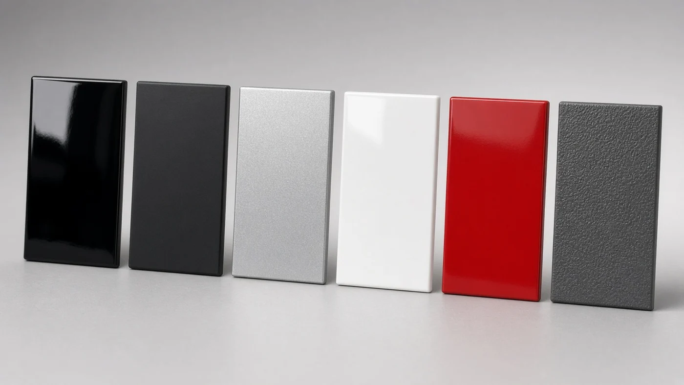 ABS Plastic for Automotive Exterior Parts: Properties & Uses 5 Painted plastic sample panels in gloss black, matte black, silver, white, red and textured finishes