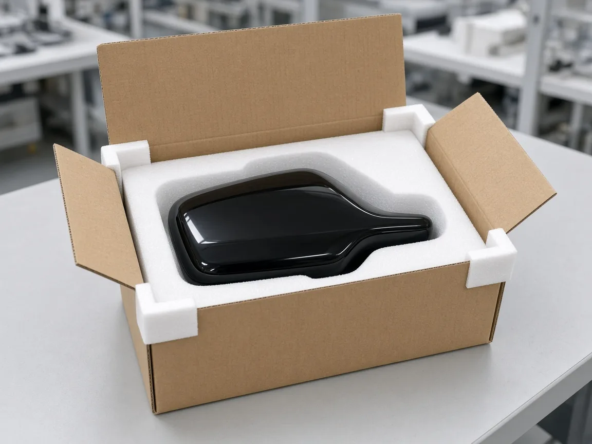 Gloss black mirror cover packed in a custom-cut EPE foam insert