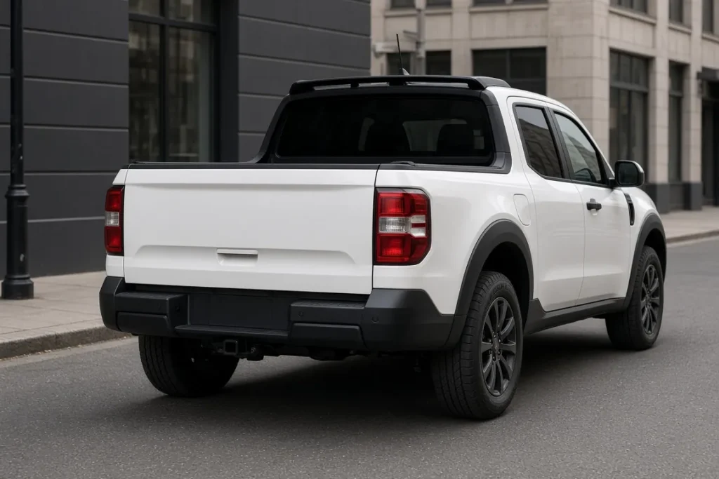 White compact pickup with a gloss black roof spoiler on the cab