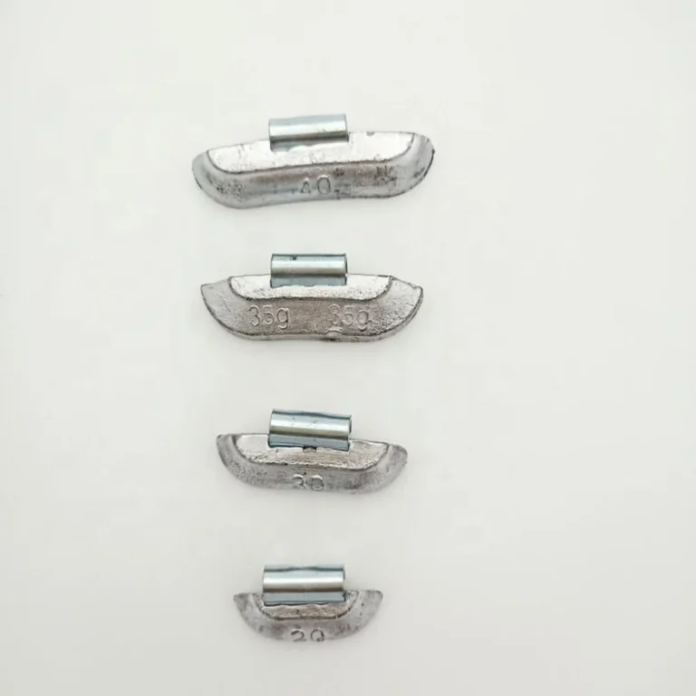 Polished silver SLAW lead clip-on wheel weights, side view of four sizes