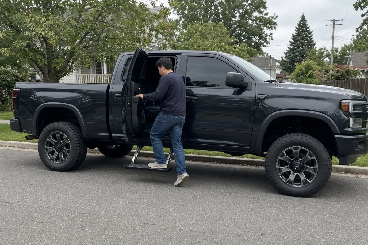 Man stepping onto a deployed power step below the open rear door of a dark lifted pickup on a residential street