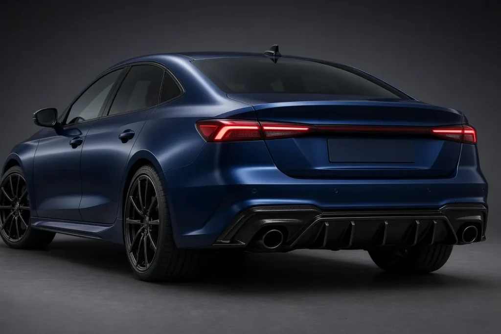 Blue sedan rear bumper with a black rear diffuser