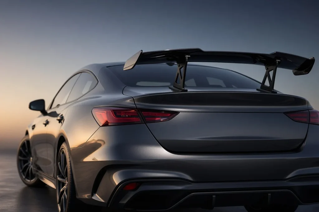 Black rear wing spoiler on a gray sports sedan