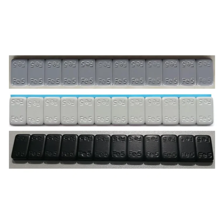Tiras de contrapesos adhesivos de acero para ruedas con esquinas redondeadas 5g x 12: gris recubierto, gris con cinta azul ancha y negro recubierto