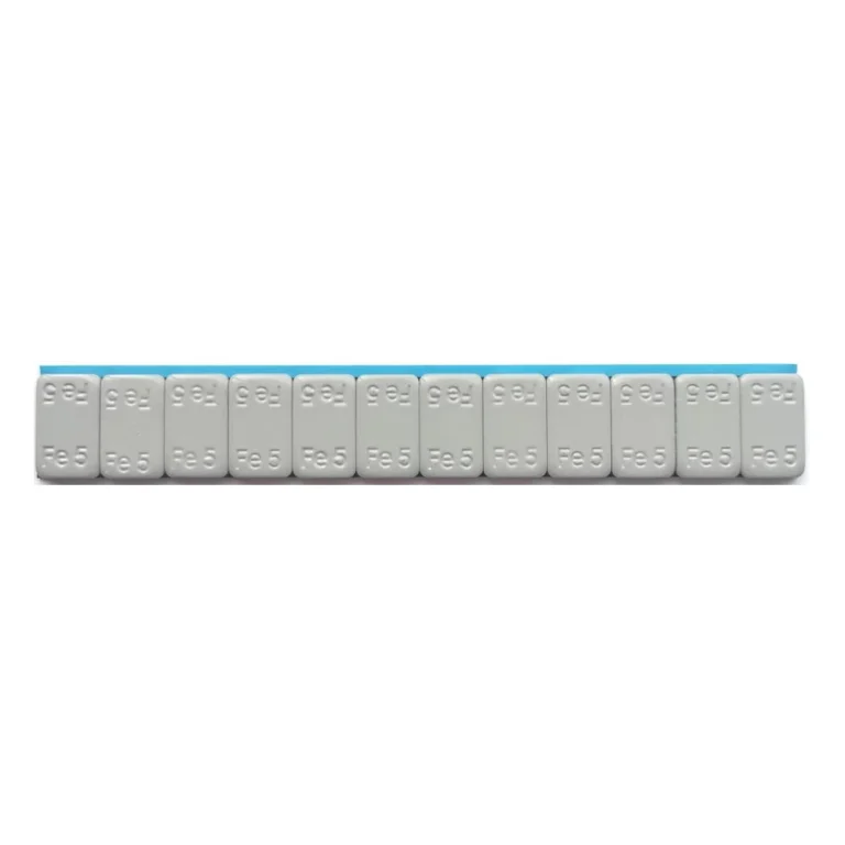 Tira de contrapeso de rueda de acero 5g x 12 recubierta en gris con esquina redondeada y borde de cinta azul de 2 mm de ancho