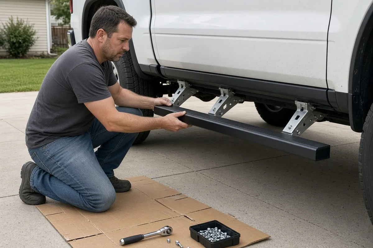 Man kneeling in a driveway lining up a black running board with mounting brackets bolted under a white pickup, with a ratchet and a tray of bolts on cardboard