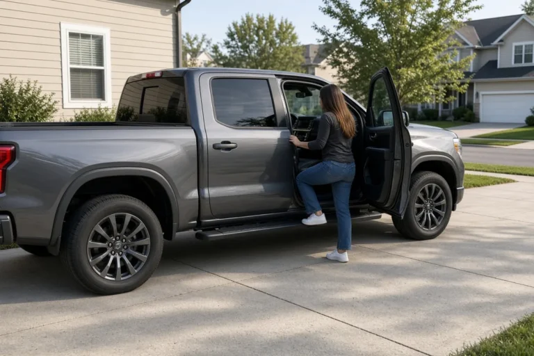 Woman in jeans and white sneakers at the open front door of a gray crew-cab pickup with a full-length black running board, parked in a suburban driveway