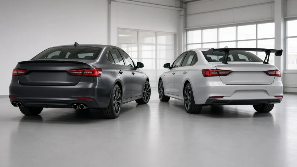 Dark grey sedan with a flush ducktail trunk spoiler next to a white sedan with a raised GT wing on stands