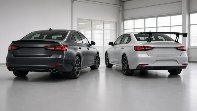 Dark grey sedan with a flush ducktail trunk spoiler next to a white sedan with a raised GT wing on stands
