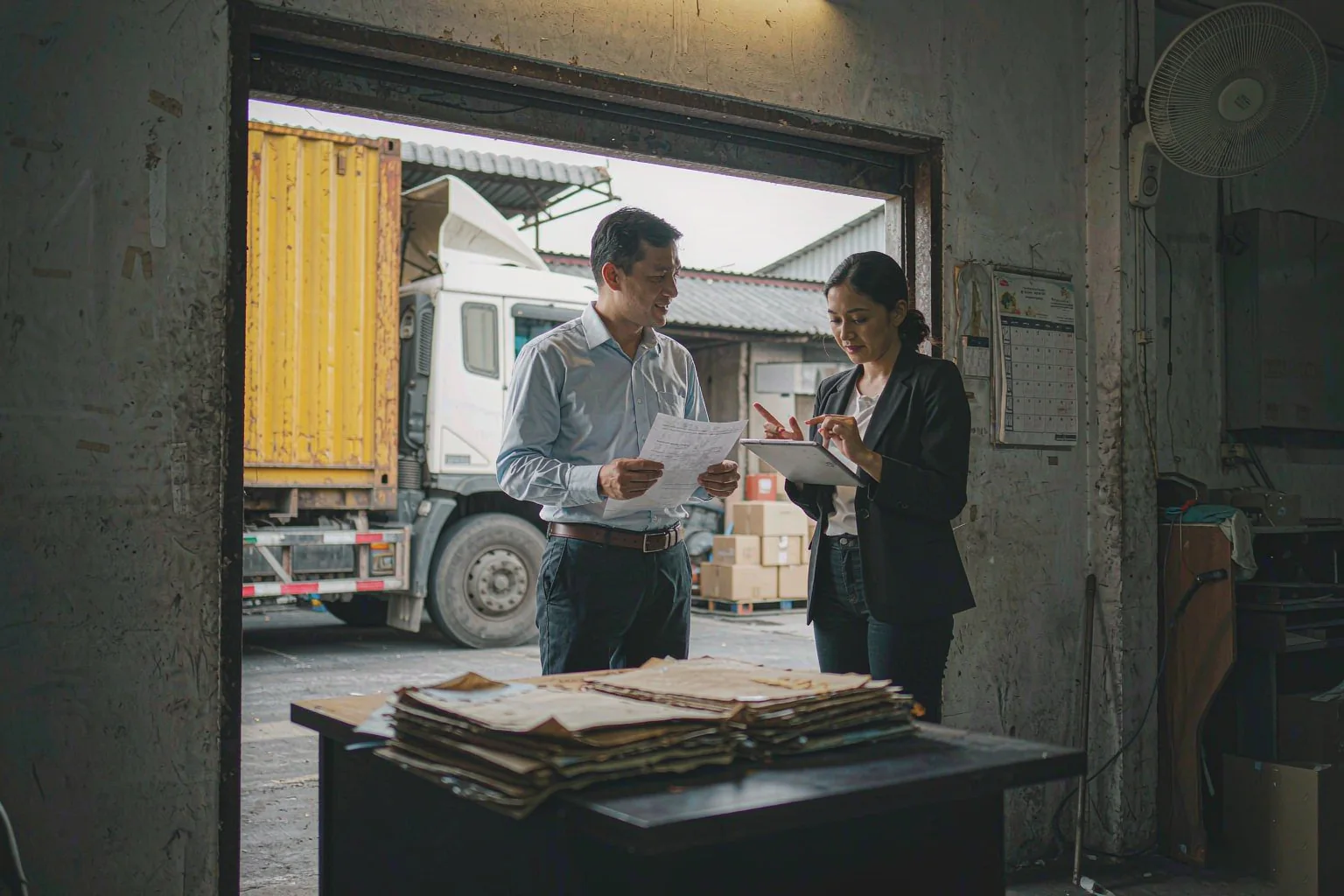 Solutions 5 Two staff reviewing shipping documents at a loading dock with a truck