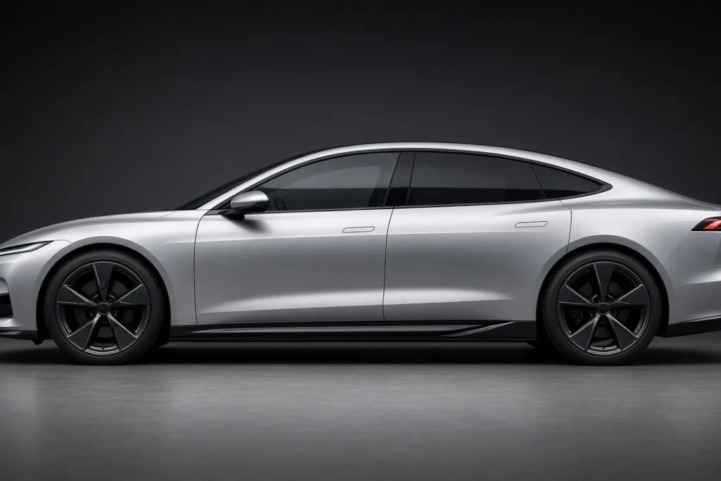Silver sedan side profile with black side skirts