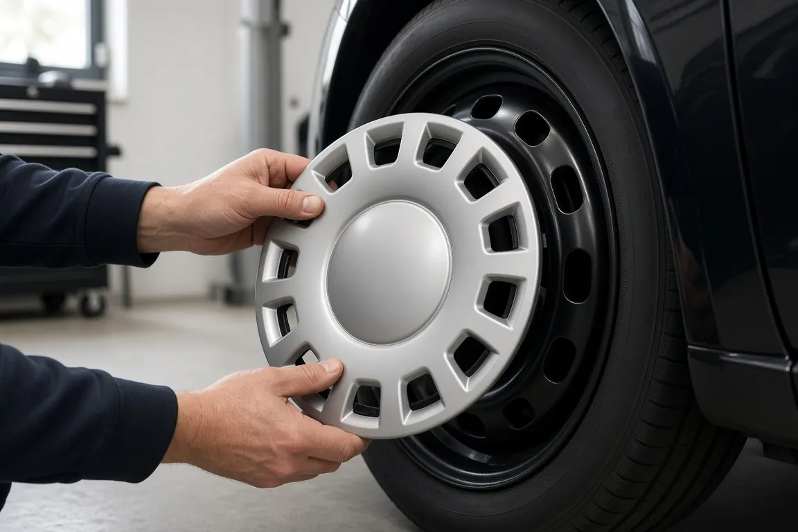 Wheel Center Caps Explained: Sizes, Fitment and Custom Logo Caps for Wheel Brands 1 Technician fitting a silver snap-on wheel cover onto a steel wheel