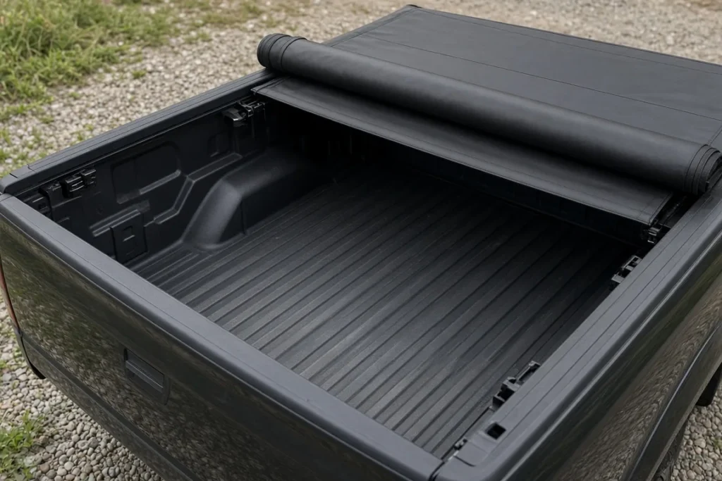 Black vinyl soft roll-up tonneau cover rolled toward the cab of a pickup bed