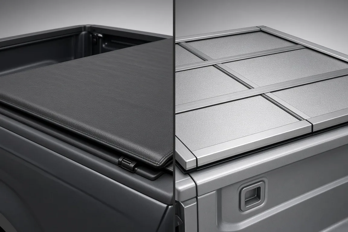 Side-by-side view of a vinyl soft tonneau cover and an aluminum hard folding tonneau cover
