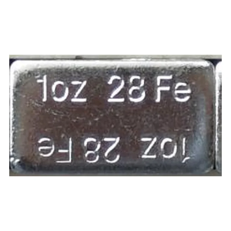 Close-up of zinc plated 1 oz 28 Fe steel wheel weight segment