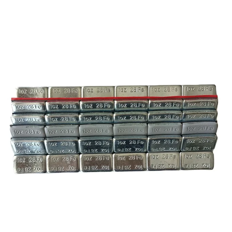 Rows of zinc plated steel 1 oz x 6 adhesive wheel weight strips