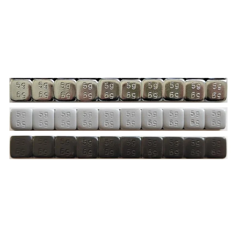 Thin 4 mm steel adhesive wheel weight strips 5g x 10 in zinc plated, grey coated and black coated finishes