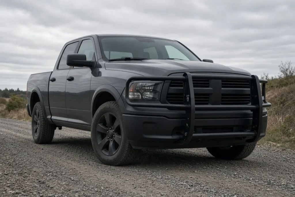 Dark pickup truck with a black heavy-duty steel bumper guard on a gravel road