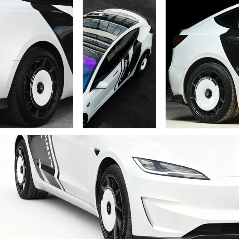 Cubiertas de rueda Mini Aero instaladas en un Tesla Model 3 blanco