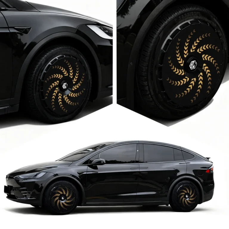 Black and gold full wheel covers installed on a Tesla