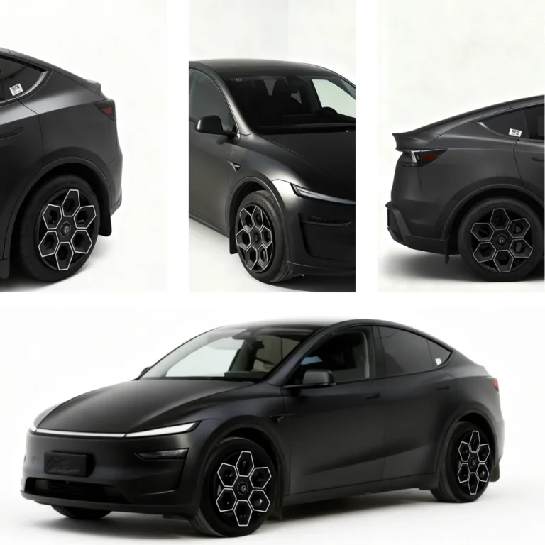 Hex-spoke wheel covers on a black Tesla Model Y, detail views