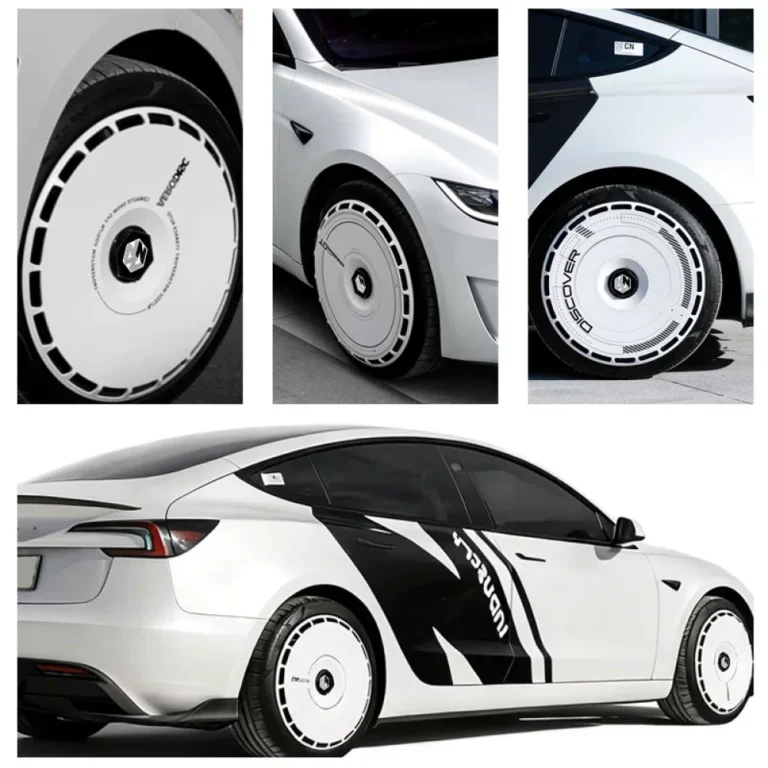 Cubiertas de rueda completas instaladas en un Tesla blanco, primer plano y vista lateral