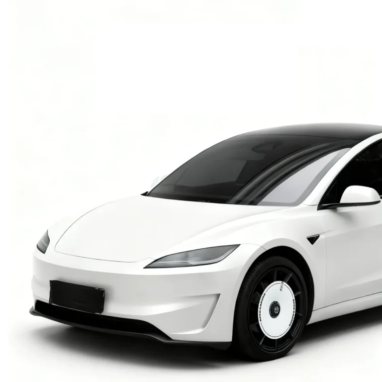Tesla Model 3 Highland blanco con cubiertas de rueda Mini Aero